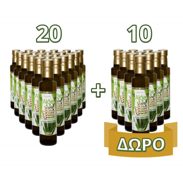 20 φιάλες 100% Βιολογικής Αλόης 250 ml + ΔΩΡΟ -10 φιάλες βιολογικής Κρητικής Αλόης των 250ml με βιο-στέβια -Κλασική γεύση